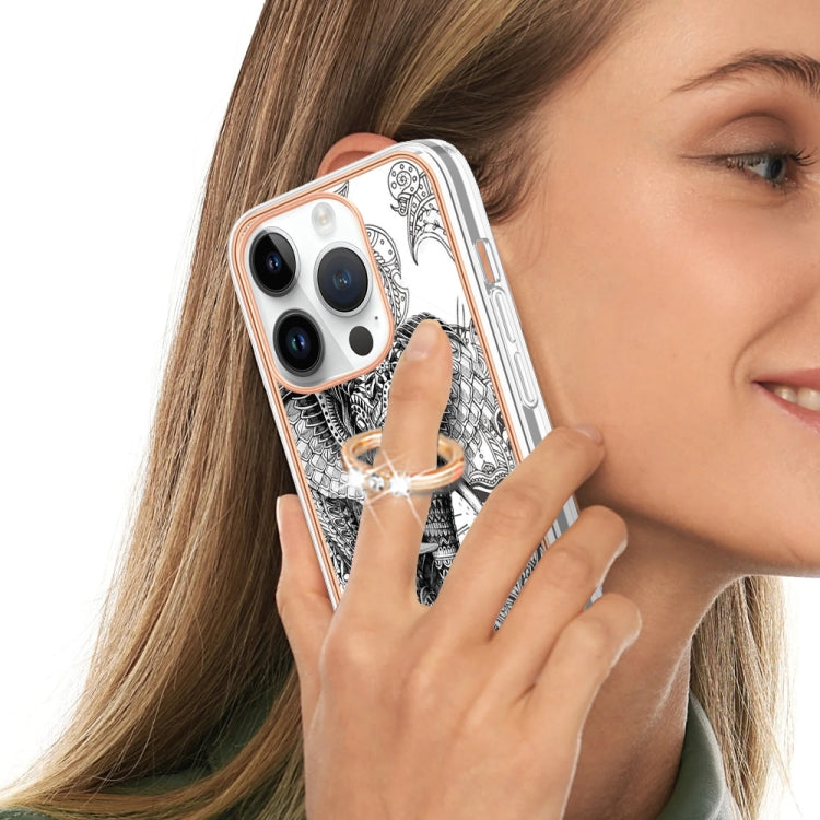 For iPhone 15 Pro Max Electroplating Dual-side IMD Phone Case with Ring Holder(Totem Elephant) - HoMEdemic™ 