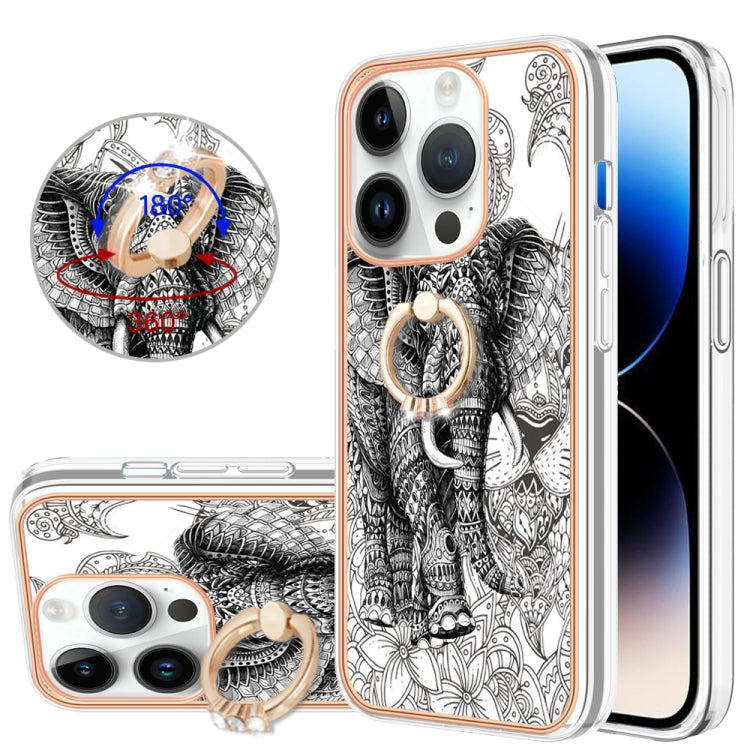 For iPhone 15 Pro Electroplating Dual-side IMD Phone Case with Ring Holder(Totem Elephant) - HoMEdemic™ 