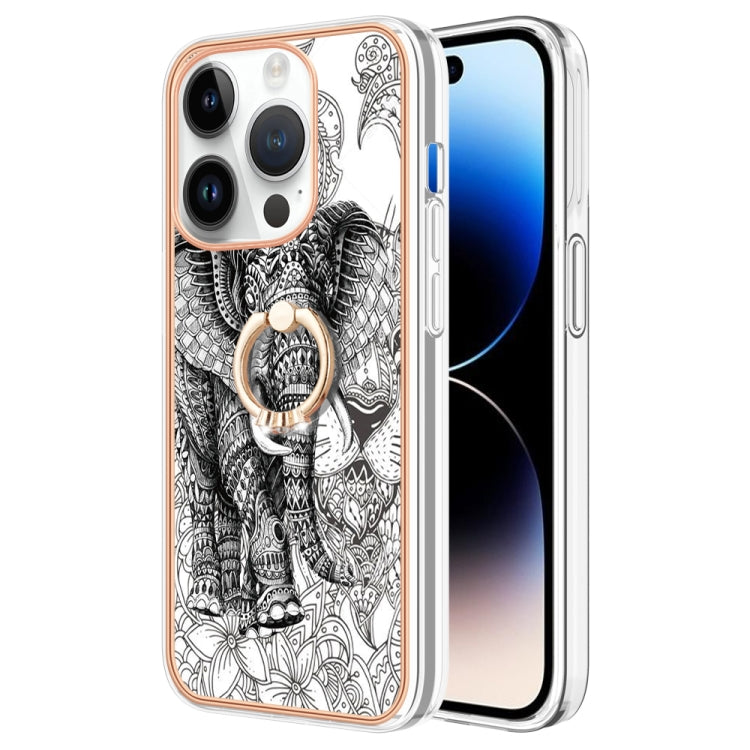 For iPhone 15 Pro Electroplating Dual-side IMD Phone Case with Ring Holder(Totem Elephant) - HoMEdemic™ 