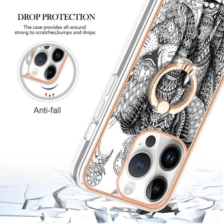 For iPhone 15 Pro Electroplating Dual-side IMD Phone Case with Ring Holder(Totem Elephant) - HoMEdemic™ 