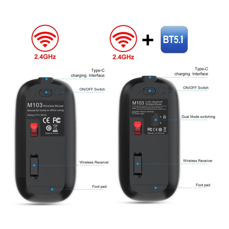 HXSJ M103 1600DPI Dual Mode 2.4GHz + Bluetooth 5.1 Wireless Rechargeable Mouse(Grey) - HoMEdemic™ 