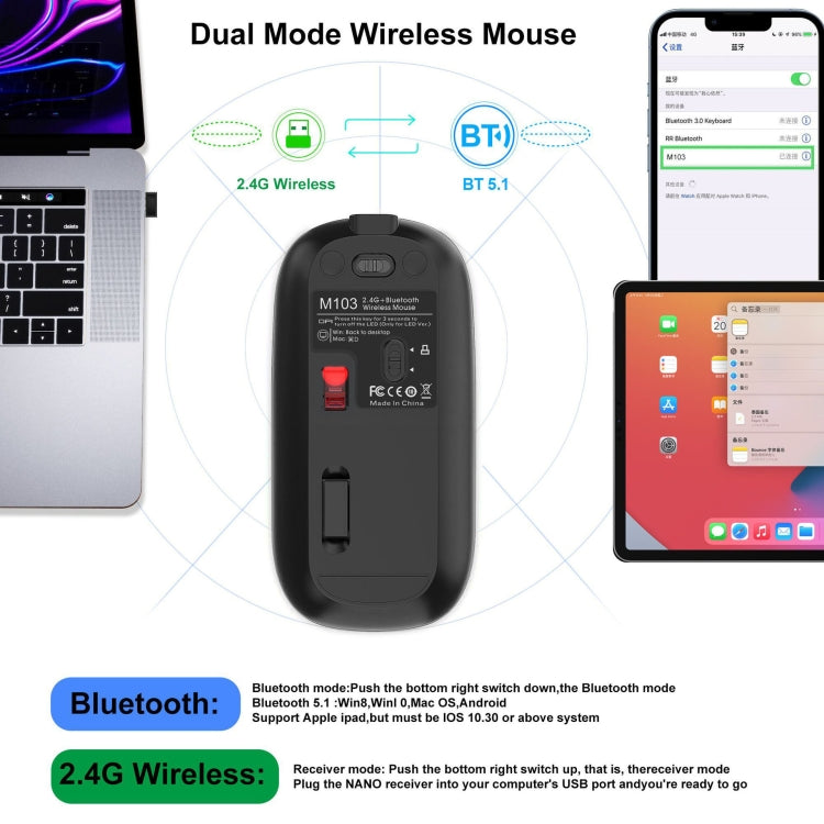 HXSJ M103 1600DPI Dual Mode 2.4GHz + Bluetooth 5.1 Wireless Rechargeable Mouse(Grey) - HoMEdemic™ 