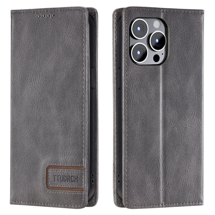 For iPhone 15 Pro Max TTUDRCH RFID Retro Texture Magnetic Leather Phone Case(Grey) - HoMEdemic™ 