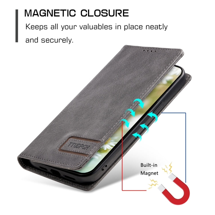 For iPhone 15 Pro Max TTUDRCH RFID Retro Texture Magnetic Leather Phone Case(Grey) - HoMEdemic™ 