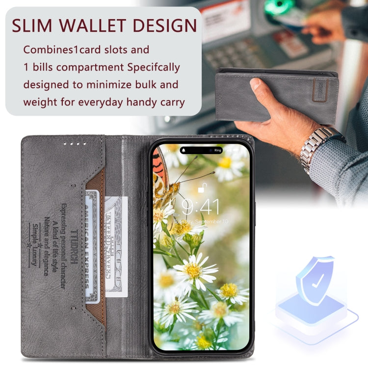 For iPhone 15 Pro Max TTUDRCH RFID Retro Texture Magnetic Leather Phone Case(Grey) - HoMEdemic™ 