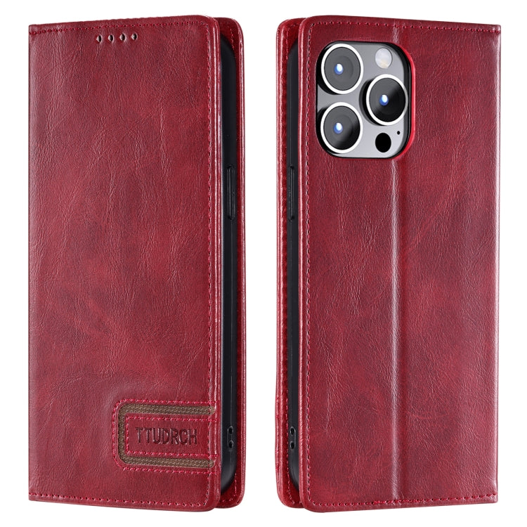 For iPhone 15 Pro Max TTUDRCH RFID Retro Texture Magnetic Leather Phone Case(Red) - HoMEdemic™ 