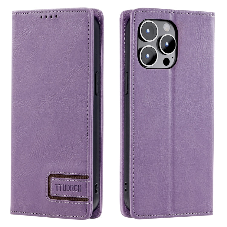 For iPhone 15 Pro Max TTUDRCH RFID Retro Texture Magnetic Leather Phone Case(Purple) - HoMEdemic™ 
