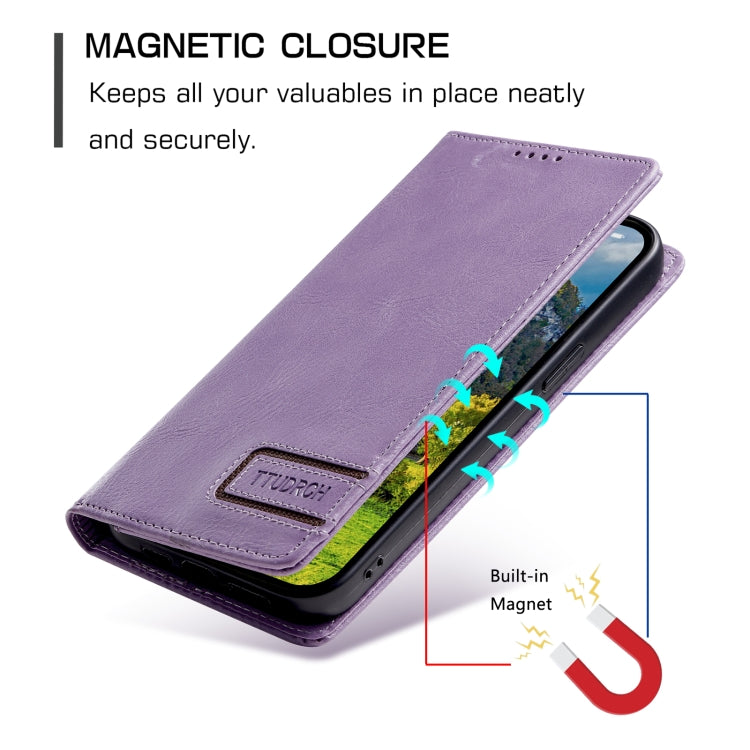 For iPhone 15 Pro Max TTUDRCH RFID Retro Texture Magnetic Leather Phone Case(Purple) - HoMEdemic™ 