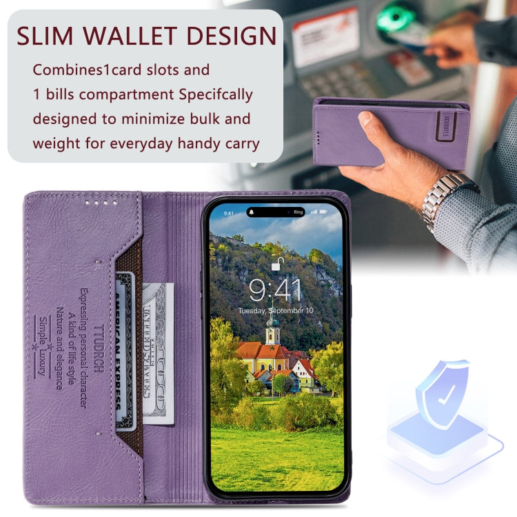 For iPhone 15 Pro Max TTUDRCH RFID Retro Texture Magnetic Leather Phone Case(Purple) - HoMEdemic™ 