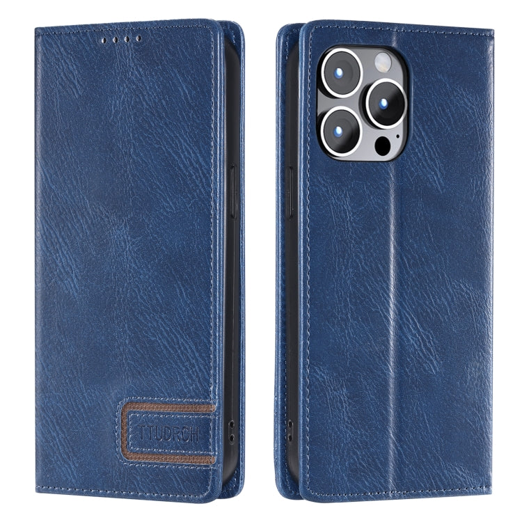 For iPhone 15 Pro TTUDRCH RFID Retro Texture Magnetic Leather Phone Case(Blue) - HoMEdemic™ 