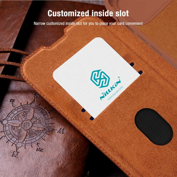 For iPhone 15 NILLKIN QIN Series Pro Sliding Camera Cover Design Leather Phone Case(Brown) - HoMEdemic™ 
