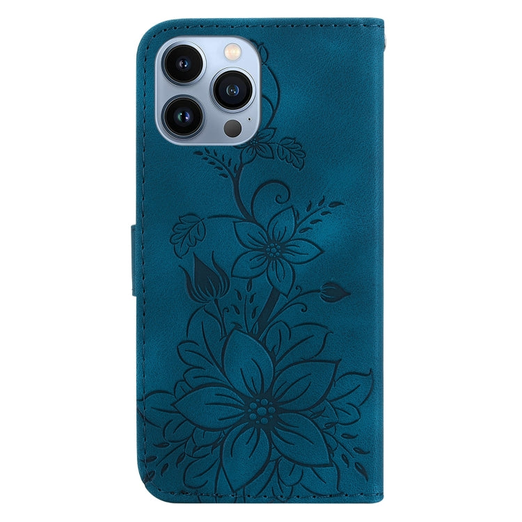 For iPhone 15 Pro Max Lily Embossed Leather Phone Case(Dark Blue) - HoMEdemic™ 