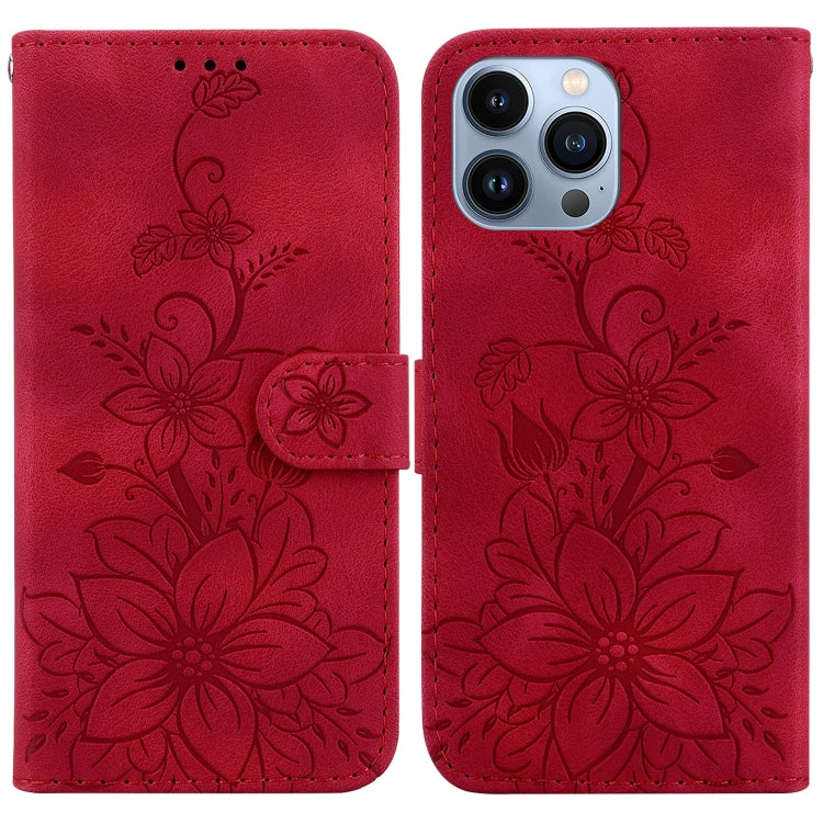 For iPhone 15 Pro Max Lily Embossed Leather Phone Case(Red) - HoMEdemic™ 