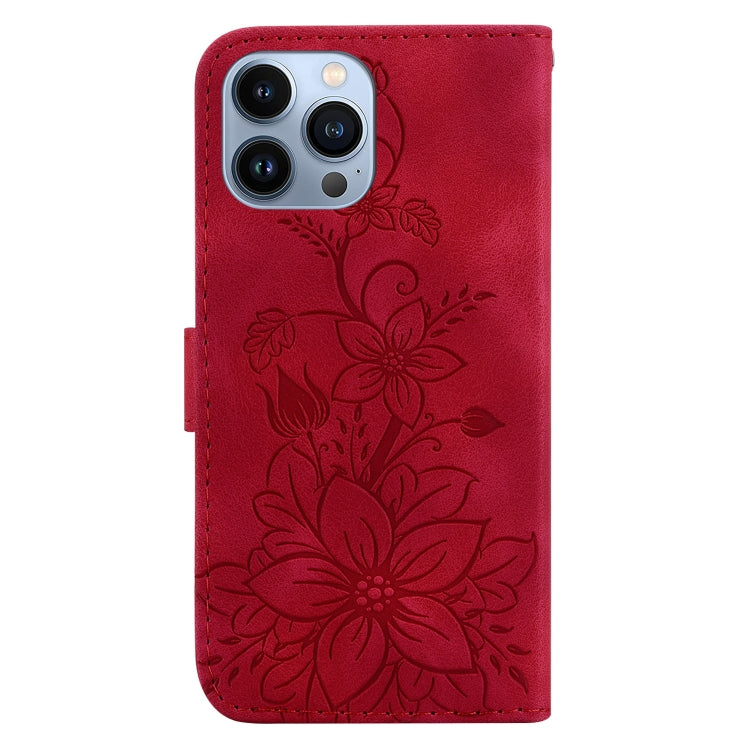 For iPhone 15 Pro Max Lily Embossed Leather Phone Case(Red) - HoMEdemic™ 