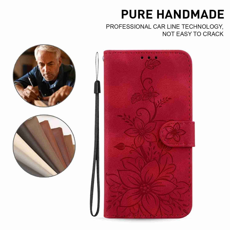 For iPhone 15 Pro Max Lily Embossed Leather Phone Case(Red) - HoMEdemic™ 