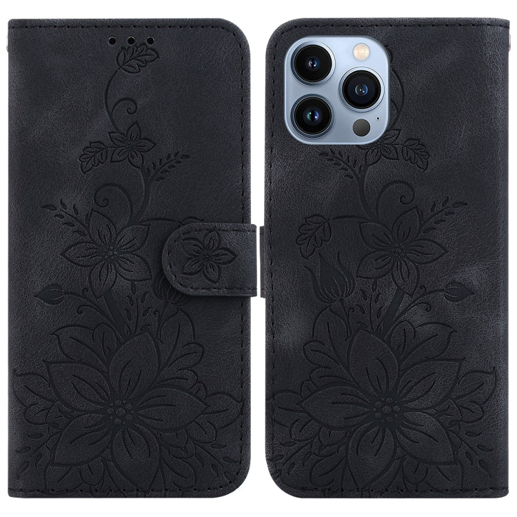 For iPhone 15 Pro Max Lily Embossed Leather Phone Case(Black) - HoMEdemic™ 