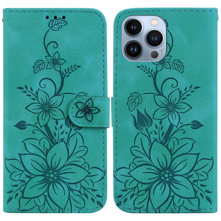 For iPhone 15 Pro Lily Embossed Leather Phone Case(Green) - HoMEdemic™ 