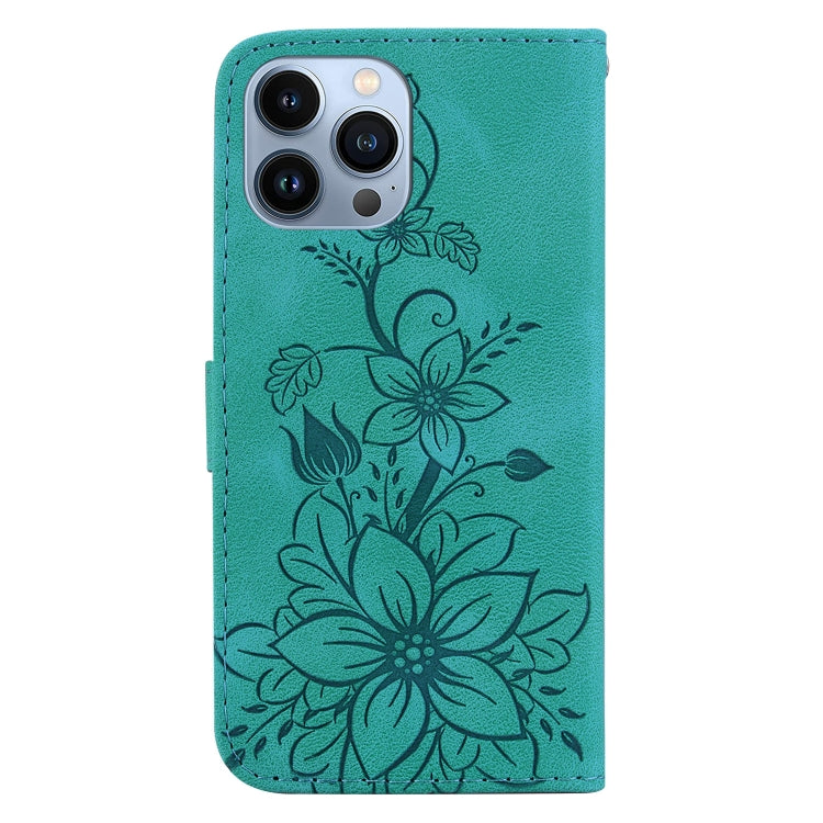 For iPhone 15 Pro Lily Embossed Leather Phone Case(Green) - HoMEdemic™ 