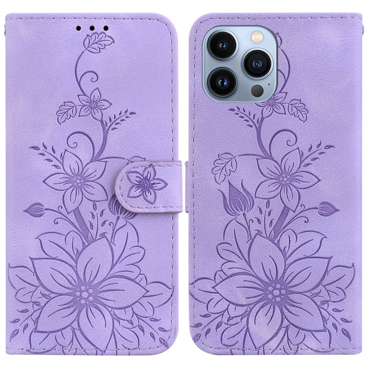For iPhone 15 Pro Lily Embossed Leather Phone Case(Purple) - HoMEdemic™ 