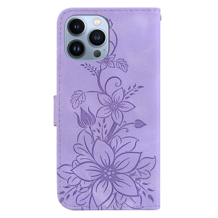 For iPhone 15 Pro Lily Embossed Leather Phone Case(Purple) - HoMEdemic™ 