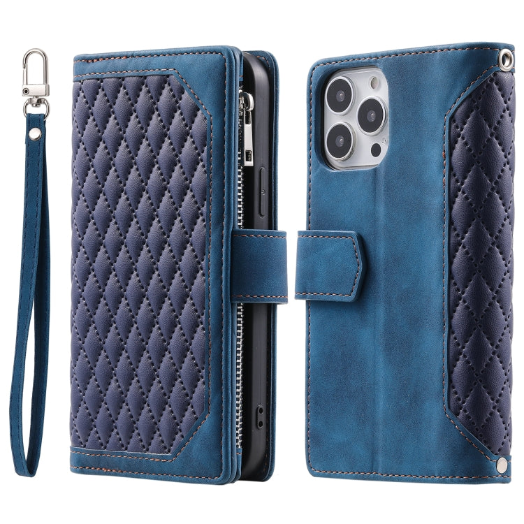 For iPhone 15 Pro Max Grid Texture Zipper Leather Phone Case with Lanyard(Blue) - HoMEdemic™ 