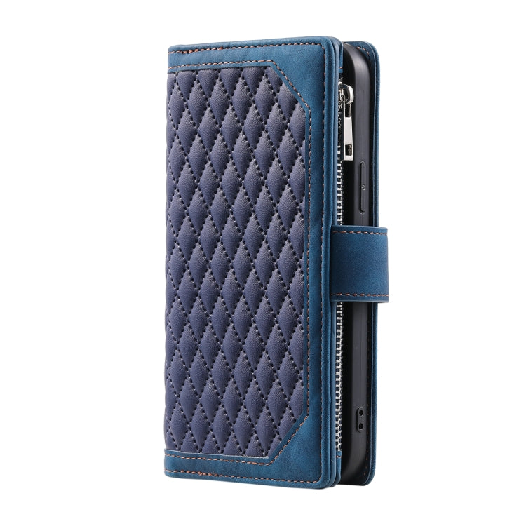 For iPhone 15 Pro Max Grid Texture Zipper Leather Phone Case with Lanyard(Blue) - HoMEdemic™ 