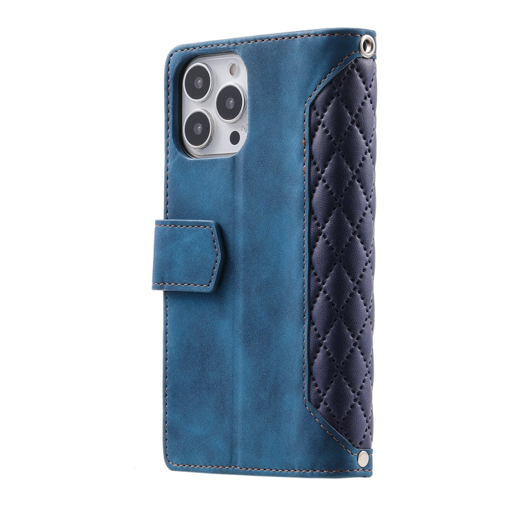 For iPhone 15 Pro Max Grid Texture Zipper Leather Phone Case with Lanyard(Blue) - HoMEdemic™ 