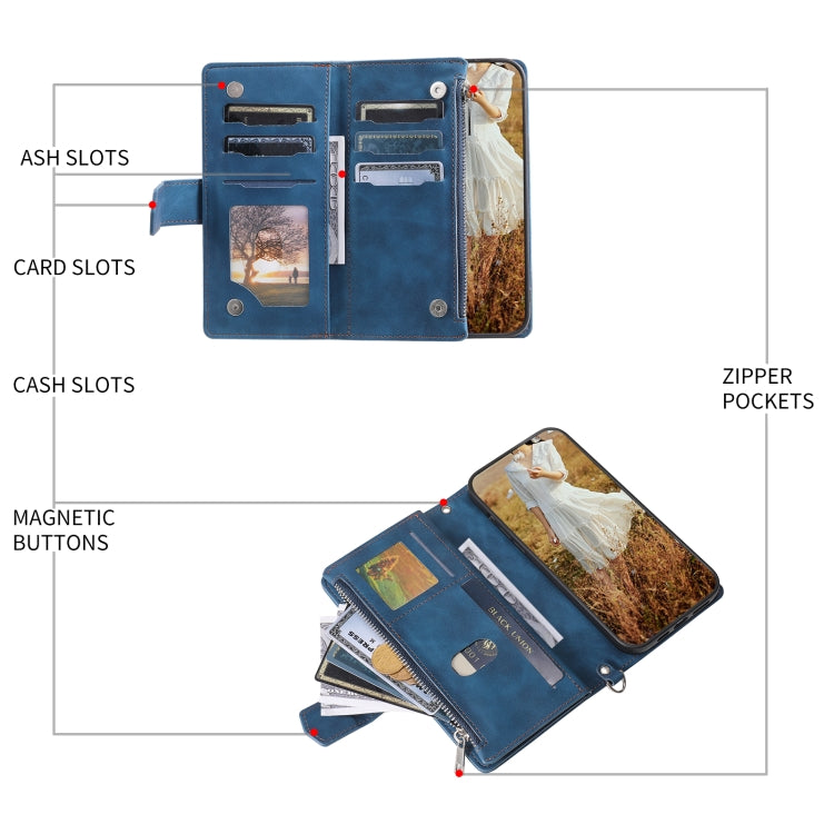 For iPhone 15 Pro Max Grid Texture Zipper Leather Phone Case with Lanyard(Blue) - HoMEdemic™ 