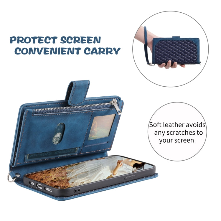 For iPhone 15 Pro Max Grid Texture Zipper Leather Phone Case with Lanyard(Blue) - HoMEdemic™ 