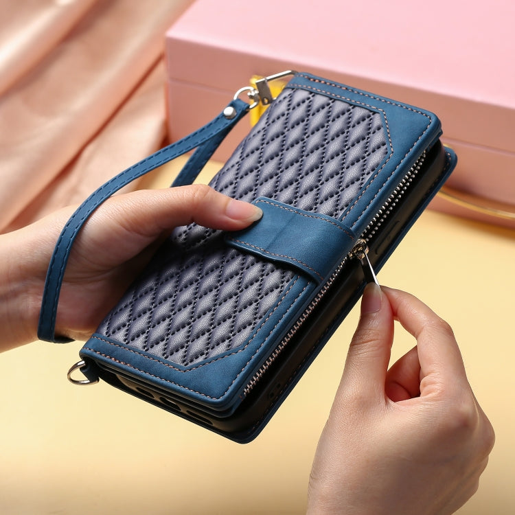 For iPhone 15 Pro Max Grid Texture Zipper Leather Phone Case with Lanyard(Blue) - HoMEdemic™ 
