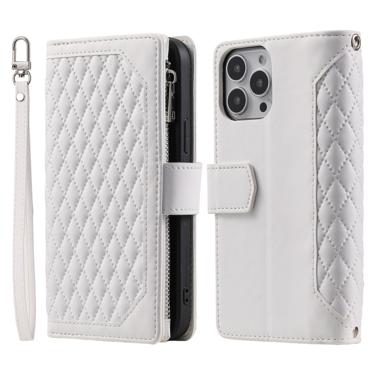 For iPhone 15 Pro Max Grid Texture Zipper Leather Phone Case with Lanyard(White) - HoMEdemic™ 