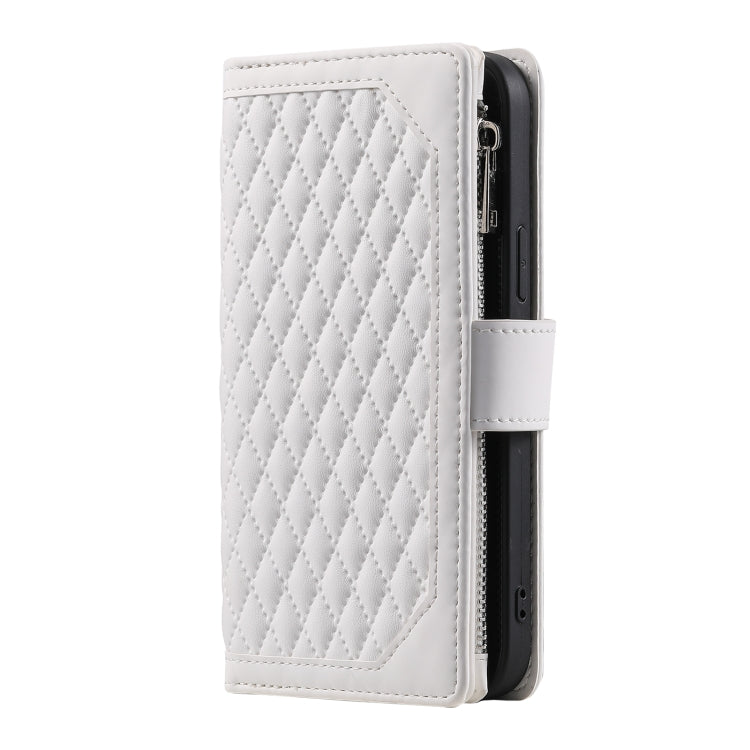 For iPhone 15 Pro Max Grid Texture Zipper Leather Phone Case with Lanyard(White) - HoMEdemic™ 