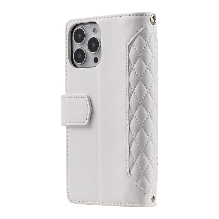 For iPhone 15 Pro Max Grid Texture Zipper Leather Phone Case with Lanyard(White) - HoMEdemic™ 