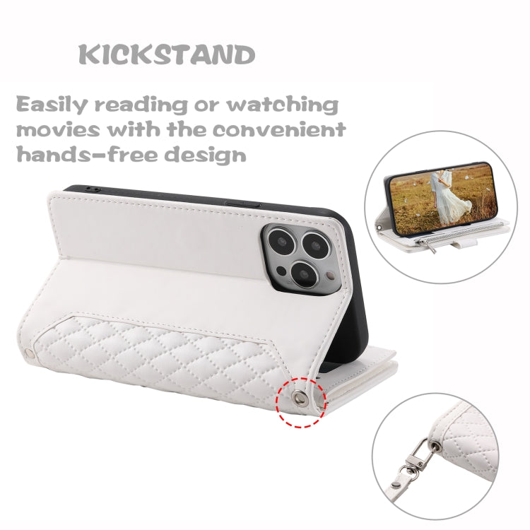 For iPhone 15 Pro Max Grid Texture Zipper Leather Phone Case with Lanyard(White) - HoMEdemic™ 