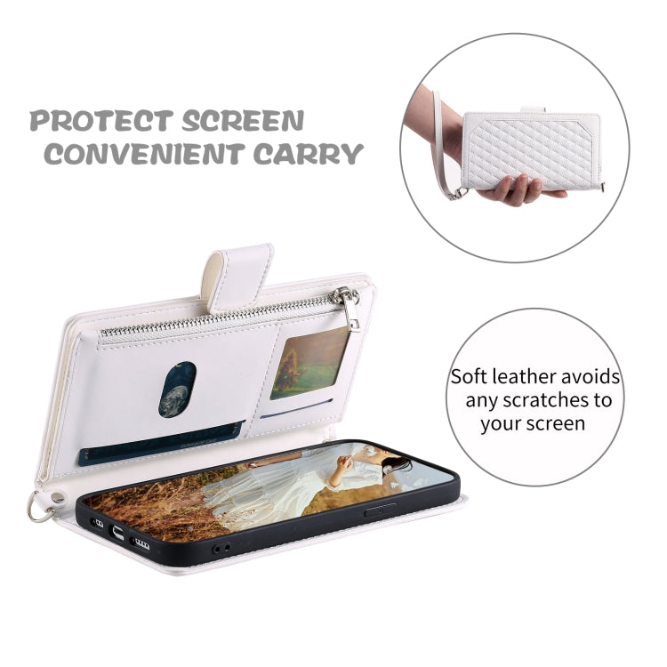 For iPhone 15 Pro Max Grid Texture Zipper Leather Phone Case with Lanyard(White) - HoMEdemic™ 