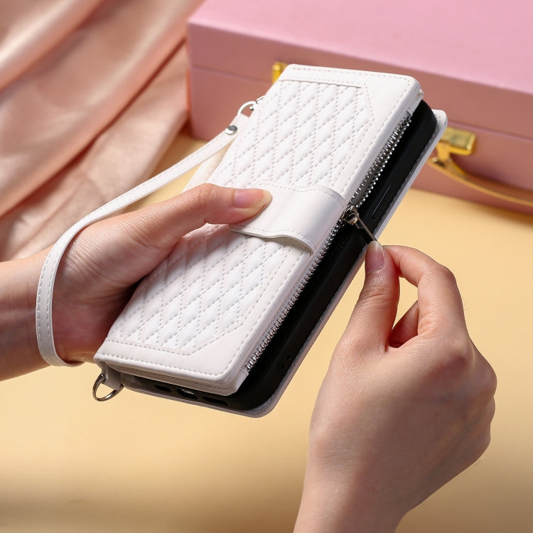 For iPhone 15 Pro Max Grid Texture Zipper Leather Phone Case with Lanyard(White) - HoMEdemic™ 