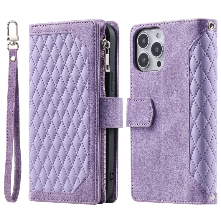 For iPhone 15 Pro Grid Texture Zipper Leather Phone Case with Lanyard(Purple) - HoMEdemic™ 