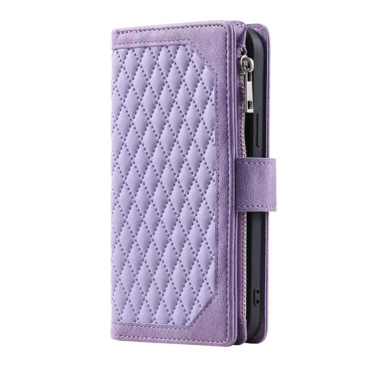 For iPhone 15 Pro Grid Texture Zipper Leather Phone Case with Lanyard(Purple) - HoMEdemic™ 