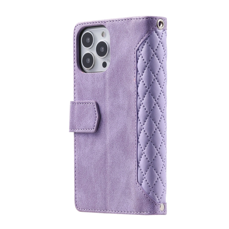 For iPhone 15 Pro Grid Texture Zipper Leather Phone Case with Lanyard(Purple) - HoMEdemic™ 