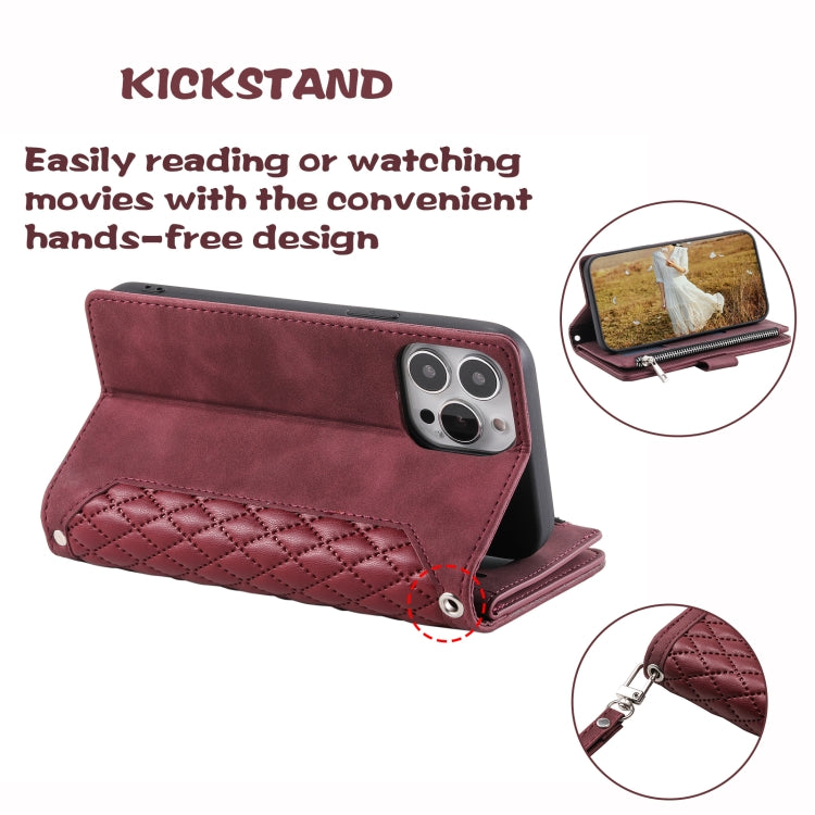 For iPhone 15 Pro Grid Texture Zipper Leather Phone Case with Lanyard(Wine Red) - HoMEdemic™ 