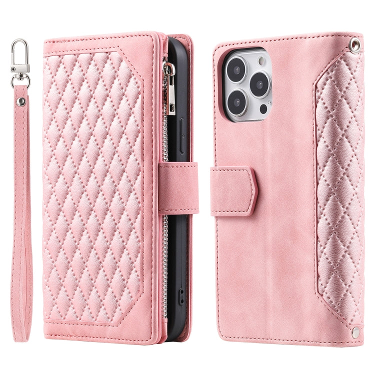 For iPhone 15 Pro Grid Texture Zipper Leather Phone Case with Lanyard(Rose Gold) - HoMEdemic™ 
