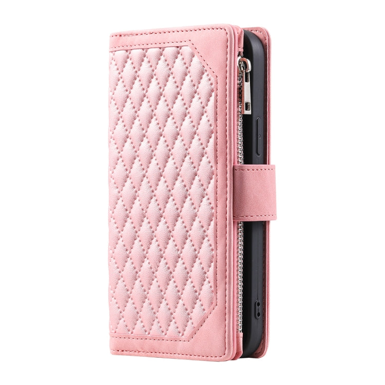 For iPhone 15 Pro Grid Texture Zipper Leather Phone Case with Lanyard(Rose Gold) - HoMEdemic™ 