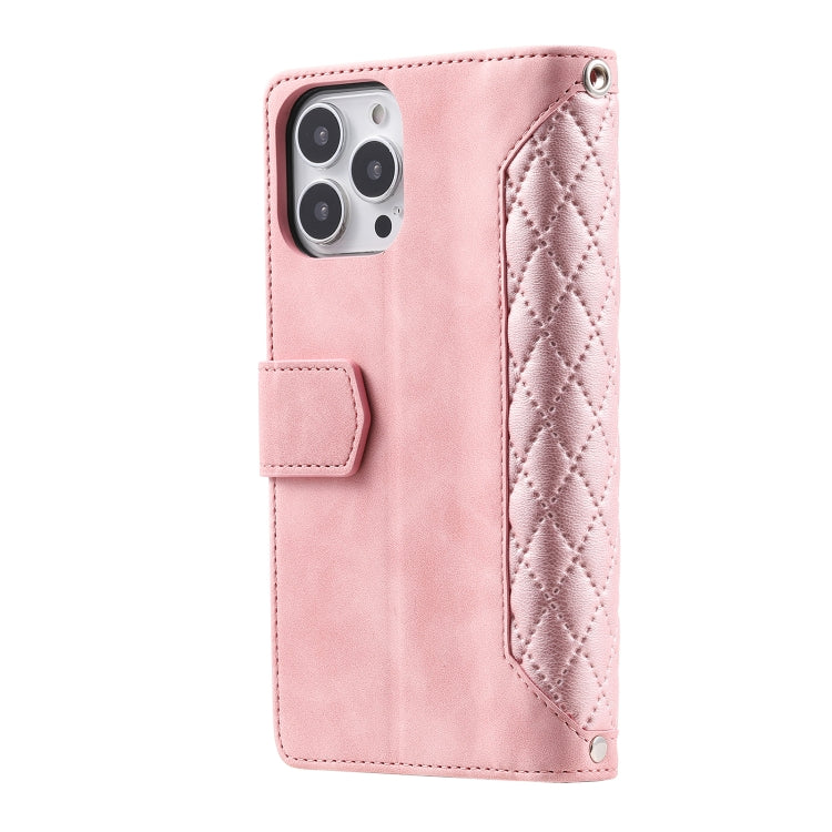 For iPhone 15 Pro Grid Texture Zipper Leather Phone Case with Lanyard(Rose Gold) - HoMEdemic™ 