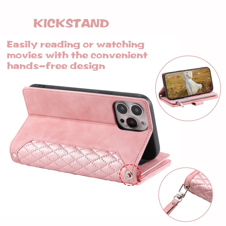For iPhone 15 Pro Grid Texture Zipper Leather Phone Case with Lanyard(Rose Gold) - HoMEdemic™ 