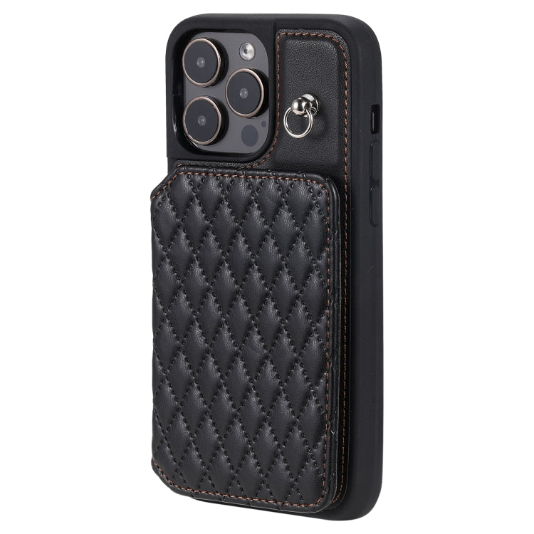 For iPhone 15 Pro Max Grid Texture Card Bag Phone Case with Lanyard(Black) - HoMEdemic™ 