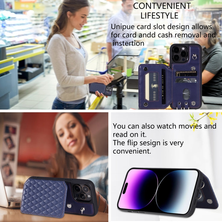 For iPhone 15 Pro Max Grid Texture Card Bag Phone Case with Lanyard(Blue) - HoMEdemic™ 