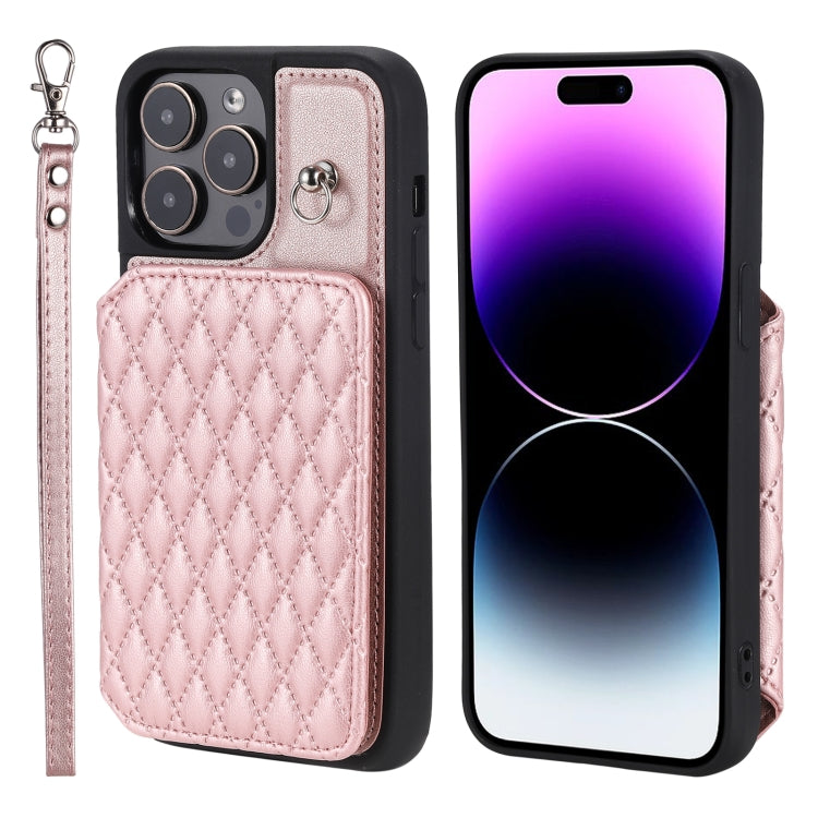 For iPhone 15 Pro Grid Texture Card Bag Phone Case with Lanyard(Rose Gold) - HoMEdemic™ 