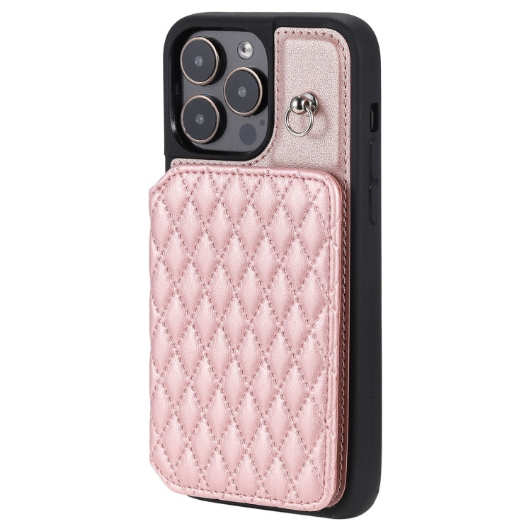 For iPhone 15 Pro Grid Texture Card Bag Phone Case with Lanyard(Rose Gold) - HoMEdemic™ 