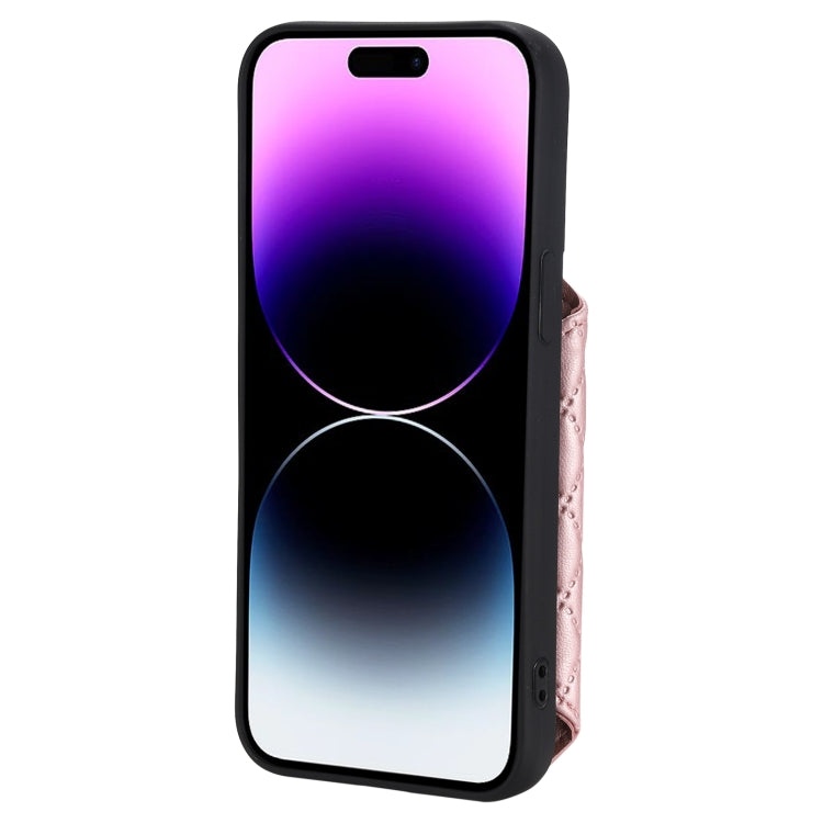 For iPhone 15 Pro Grid Texture Card Bag Phone Case with Lanyard(Rose Gold) - HoMEdemic™ 
