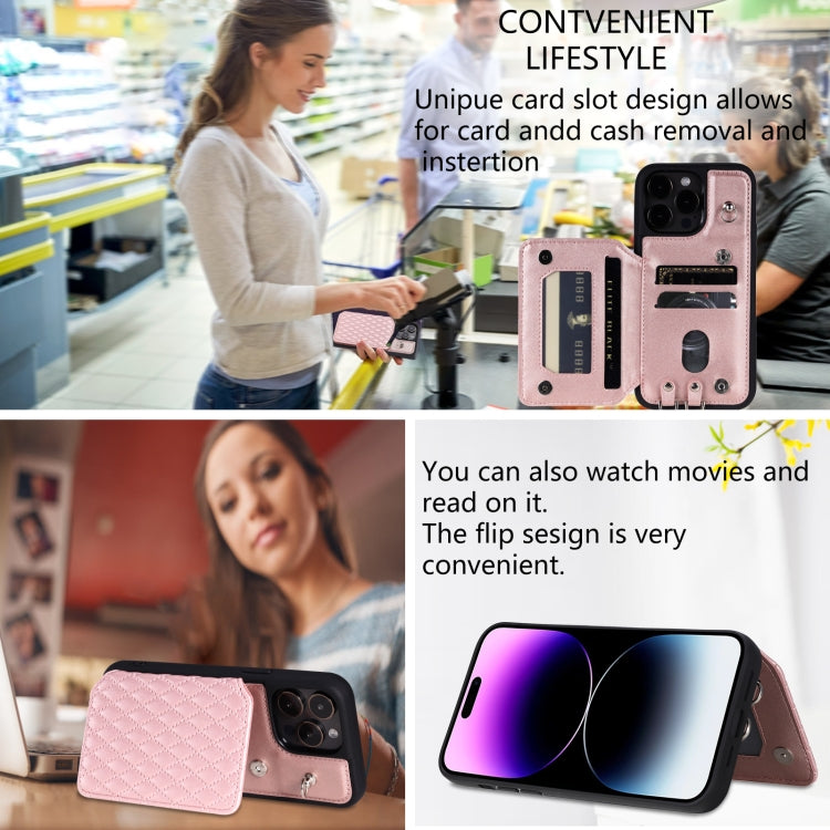 For iPhone 15 Pro Grid Texture Card Bag Phone Case with Lanyard(Rose Gold) - HoMEdemic™ 